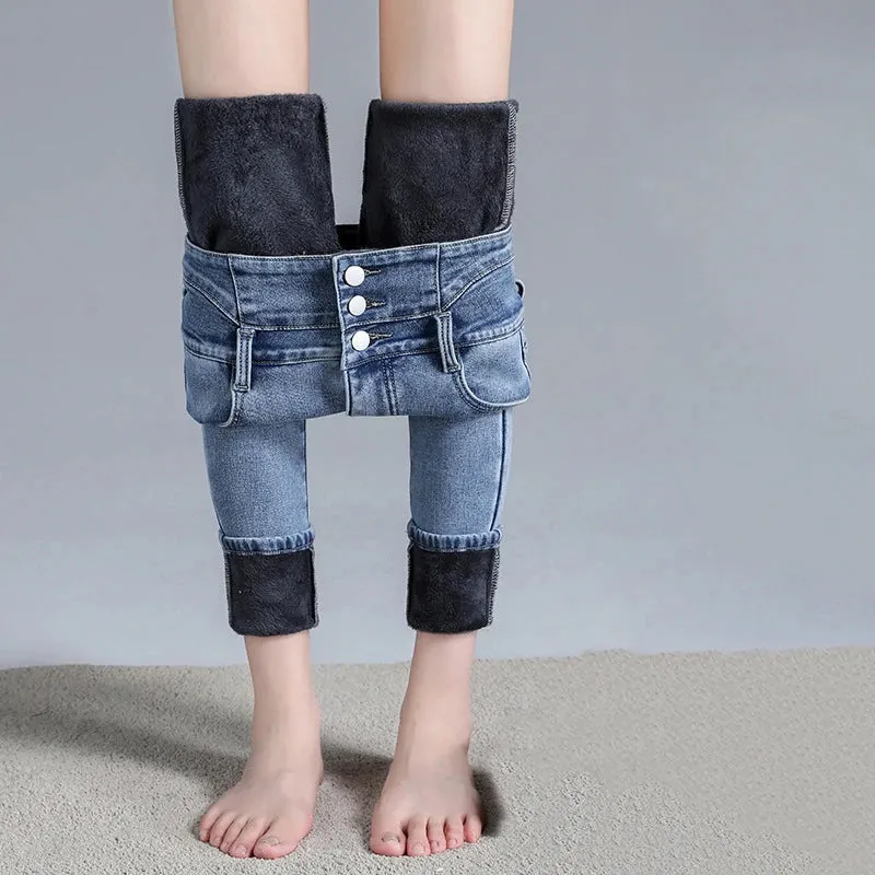 Y2k Leggings Jeans Women Velvet Thicken Warm Pencil Pants Casual High Waist Female Korean Thermal Straight Skinny Denim Trousers