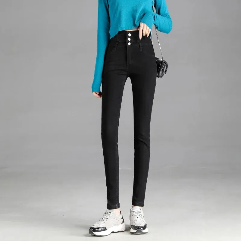 Y2k Leggings Jeans Women Velvet Thicken Warm Pencil Pants Casual High Waist Female Korean Thermal Straight Skinny Denim Trousers