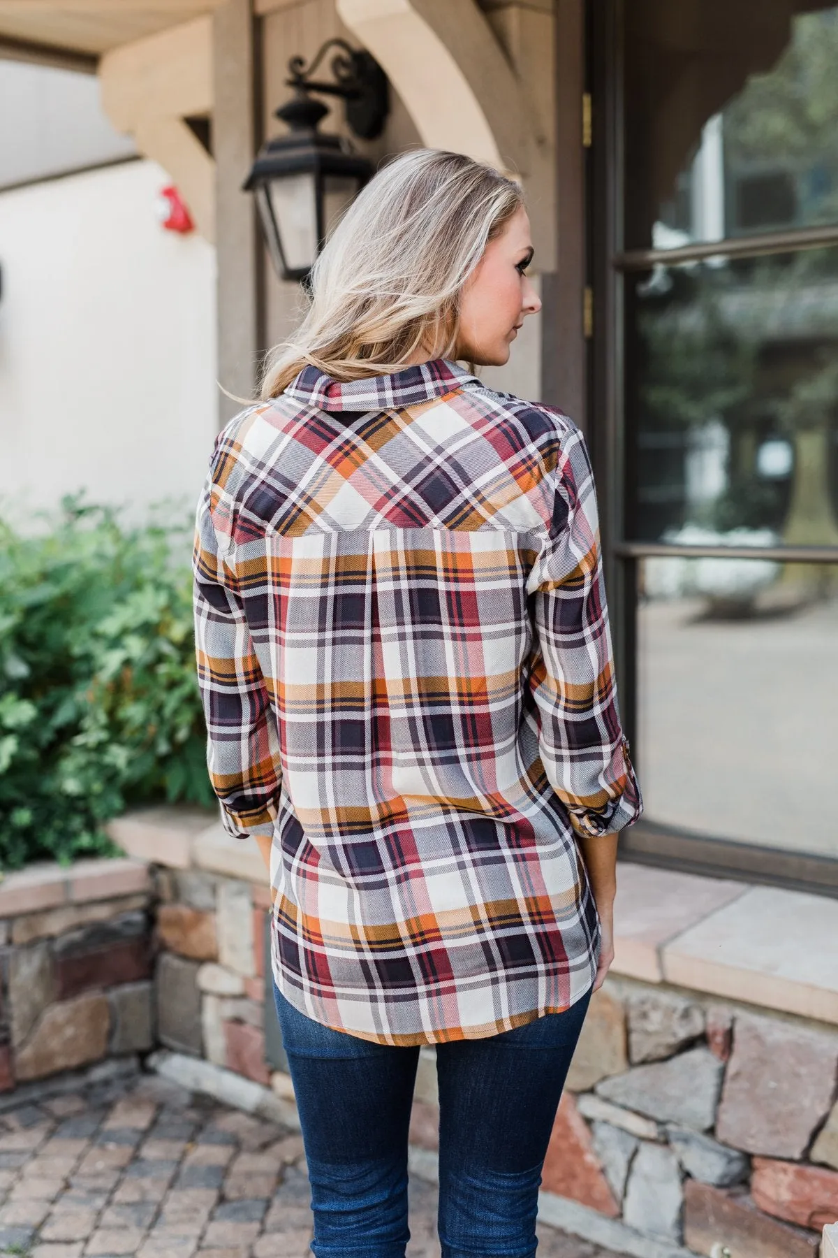 You've Got Me Hooked Flannel Top- Navy & Rust