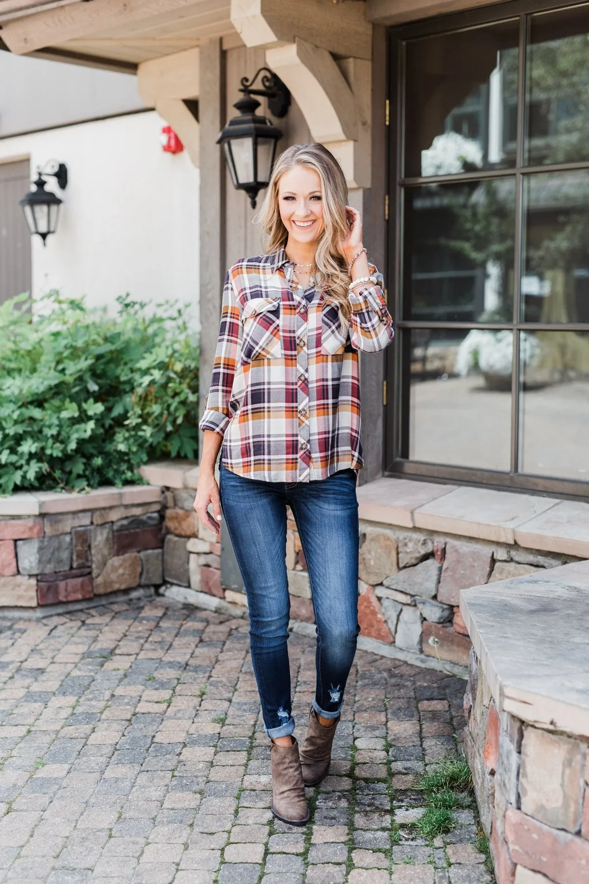 You've Got Me Hooked Flannel Top- Navy & Rust