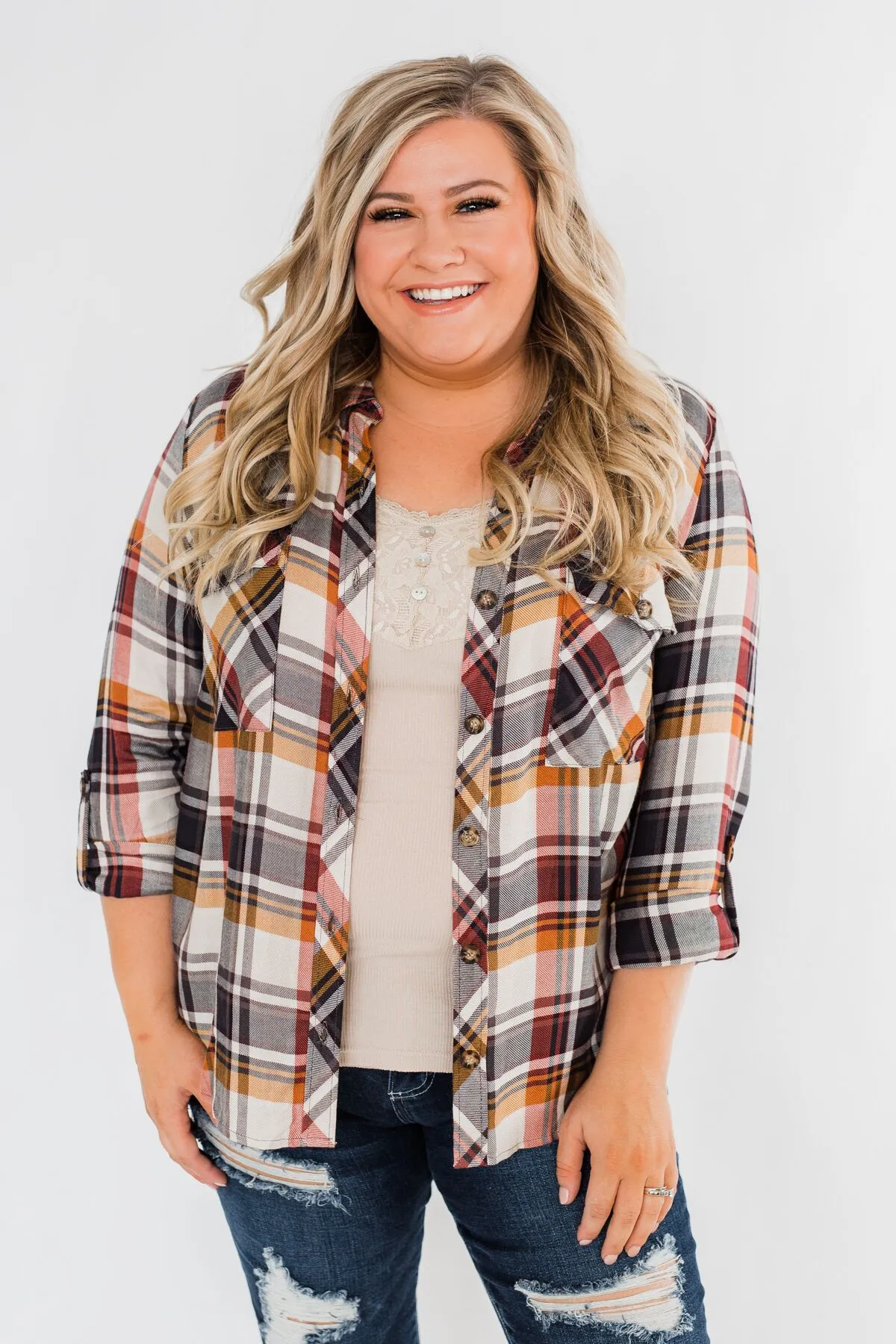 You've Got Me Hooked Flannel Top- Navy & Rust