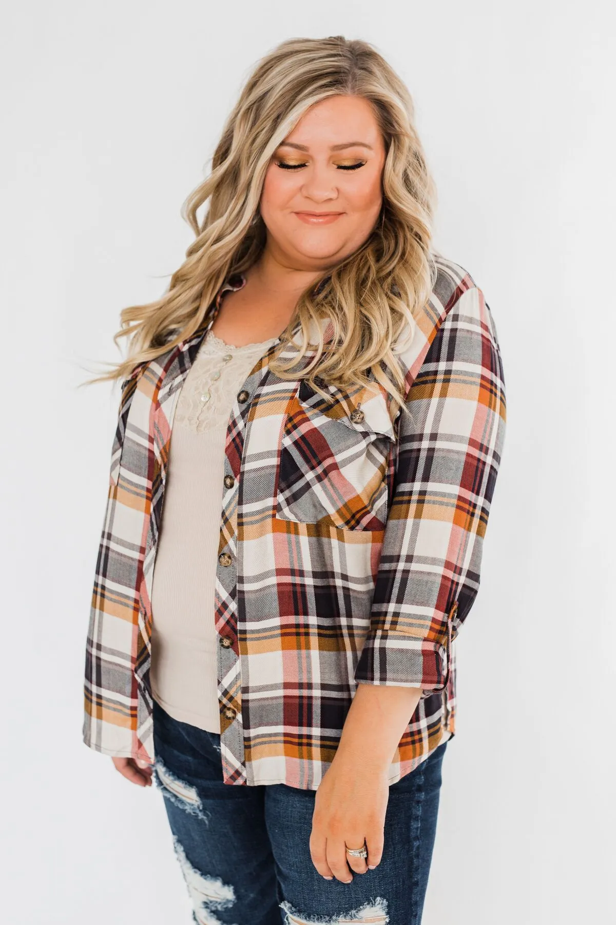 You've Got Me Hooked Flannel Top- Navy & Rust